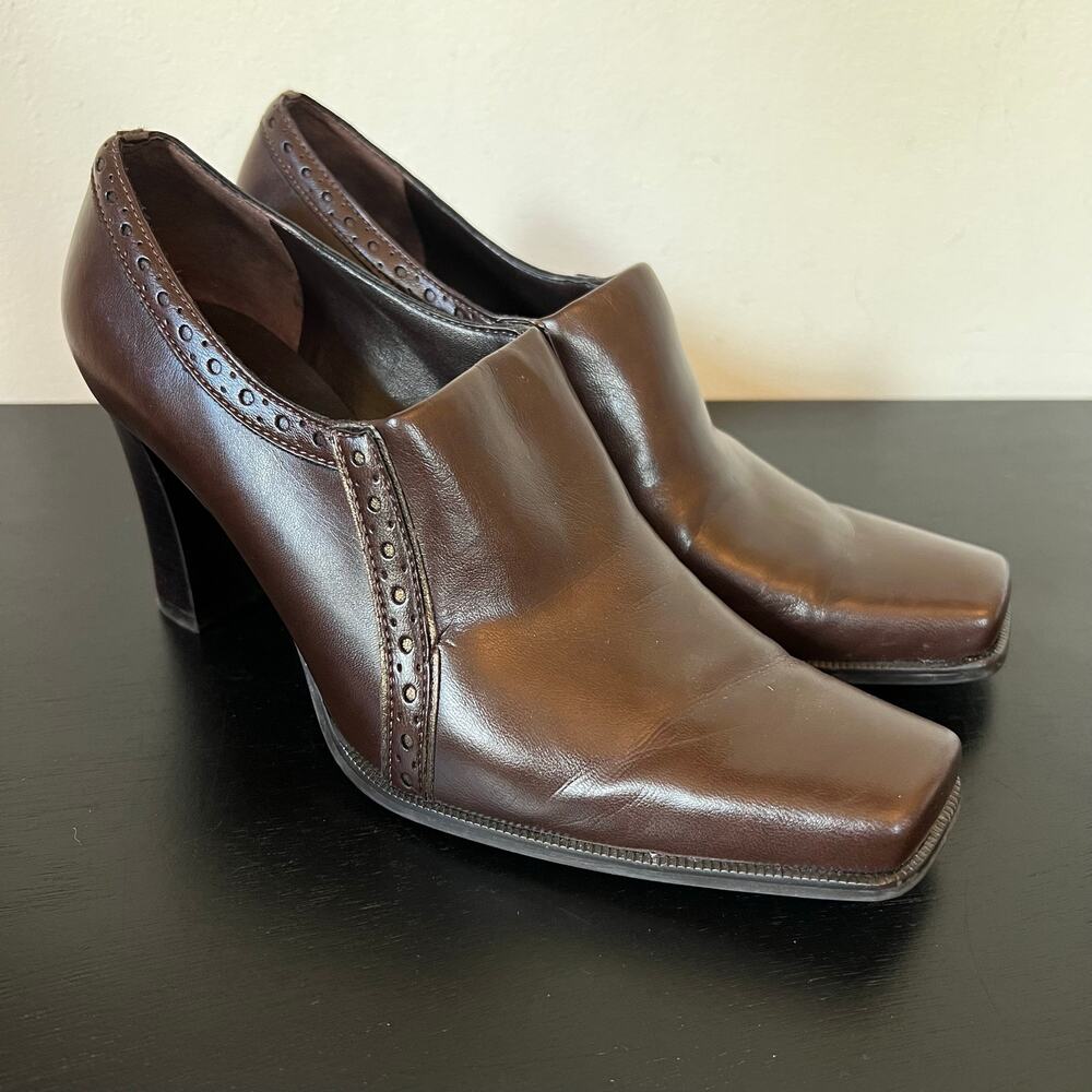 Franco Sarto Dark Chocolate Brown Leather Square Snip Toe Heeled Booties 6.5M